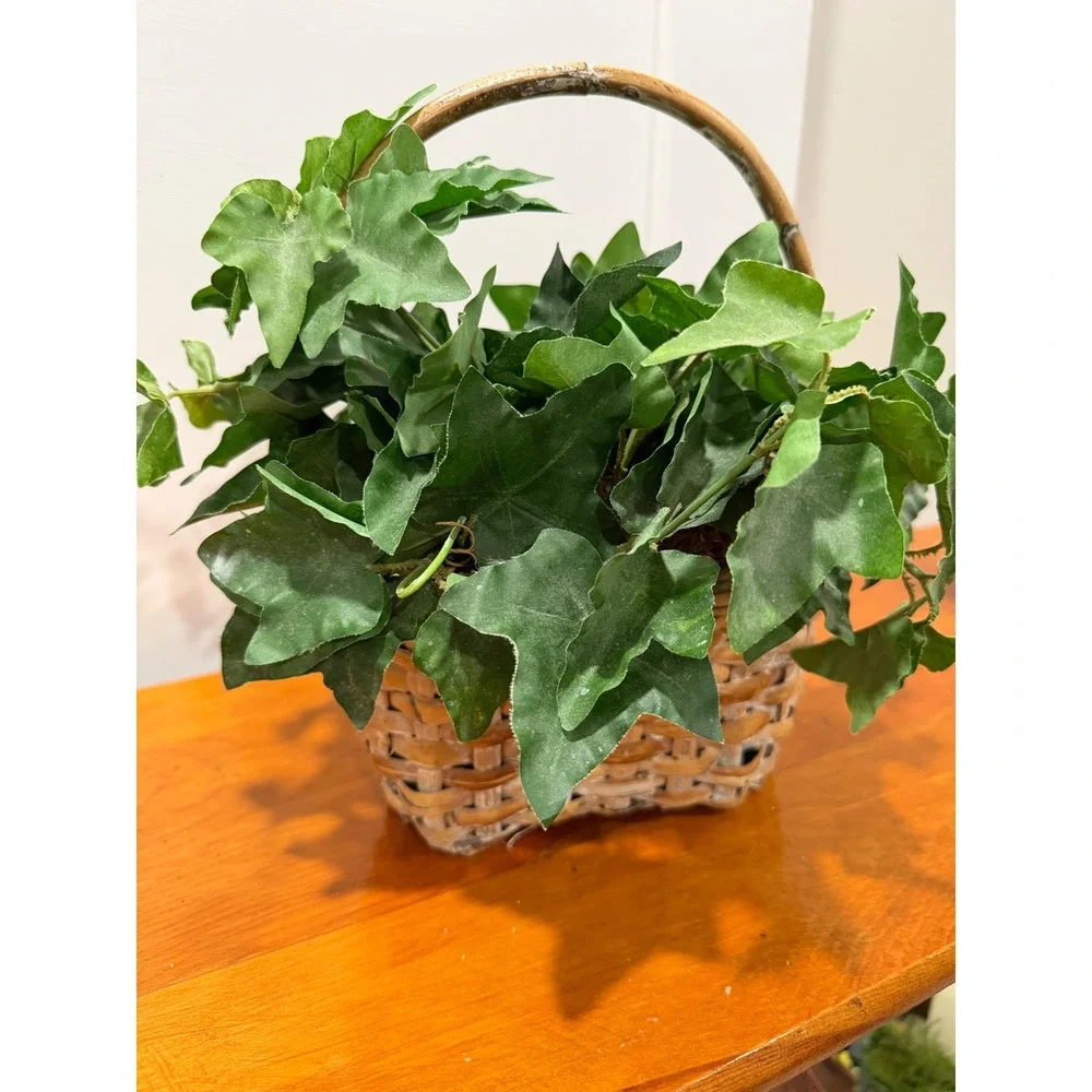 Faux Ivy Plant in Woven Wicker Basket with Handle Home Decor Greenery Accent